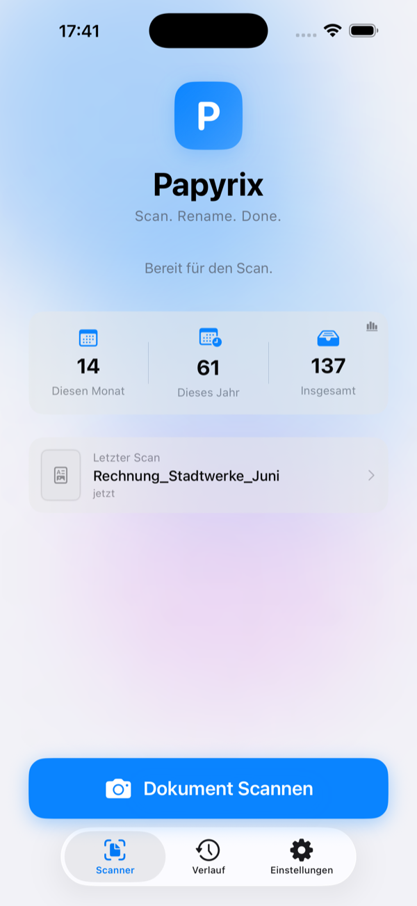 Papyrix Startseite mit Statistik und letztem Scan